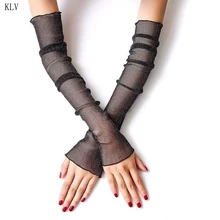 

Women Girls Ultra-Thin Sheer Glitter Mesh Long Lace Gloves Metallic Shimmer UV Protection Arm Sleeves Ruffles Trim Driving Prote