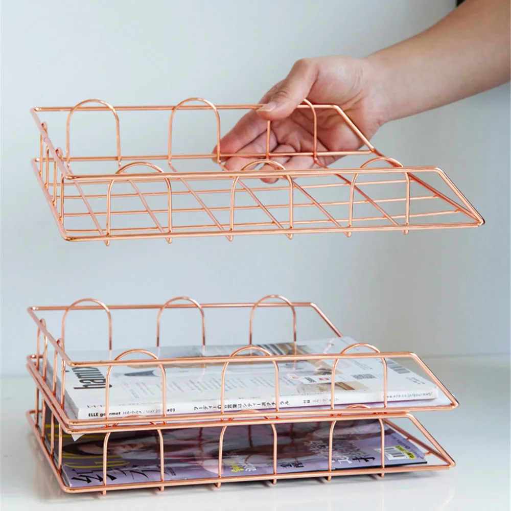 Gold Stackable Iron Baskets Office Organizer Basket Rose Gold Metal