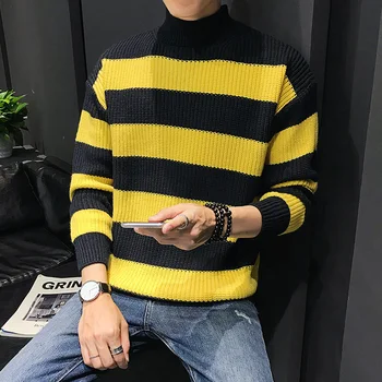 

Sweater Men Clothes Autumn Korean Version Of The Trend Of Men's Color-matching Stripes Loose Thick Half-collar Student Sweater