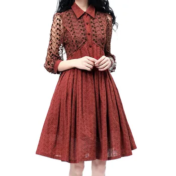 

Original Design AIGYPTOS Women Spring Vintage Dresses Elegant Slim Hepburn Midi Dresses Hollow Out Embroidery Mesh Cotton Dress