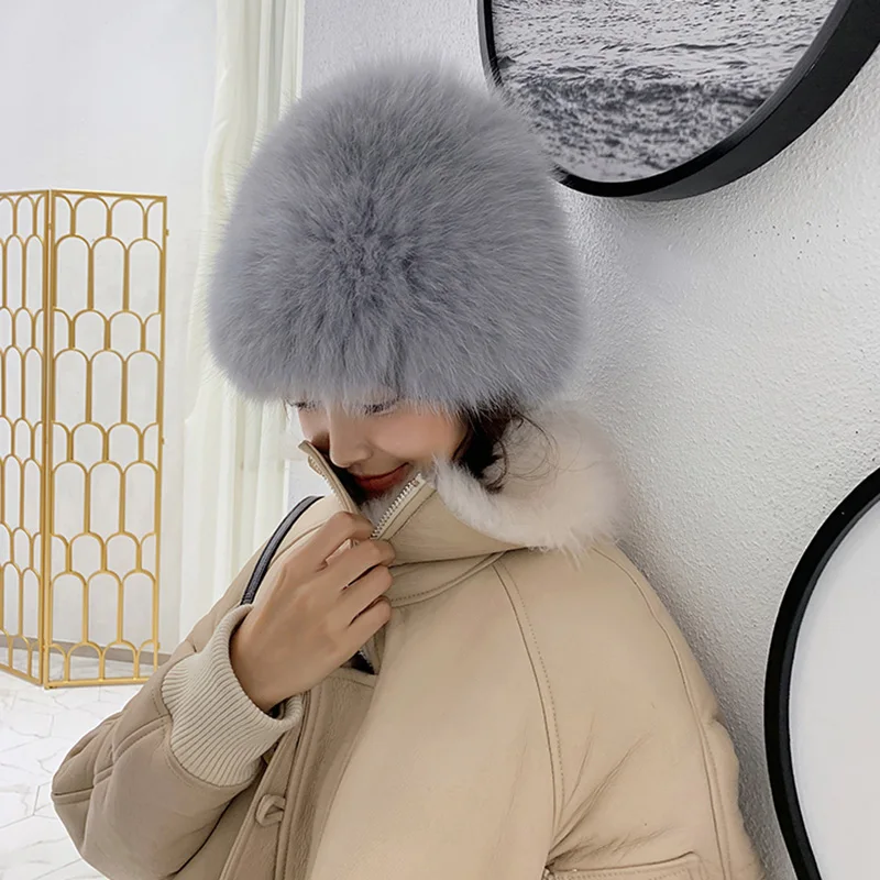 

Natural Fox Fur Hat Women Thick Warm Elastic Caps Top Quality Knitted Fur Hats Female New Arrival S7714