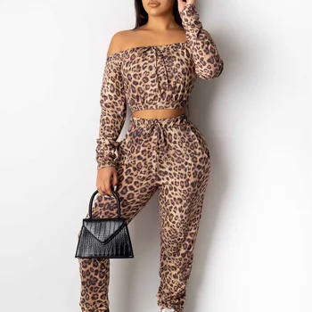 

2 pcs Woman Sexy Pure Off Shoulder Long Sleeve Leopard Fitness Tracksuit Mesh Casual Jumpsuit Playsuit 2 Pieces Set Beach Sets