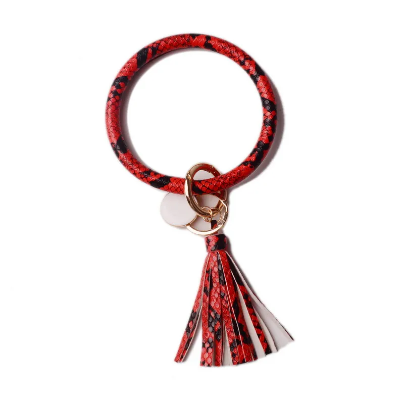 Персонализированные монограмма эмаль диск Популярные трендовые Леопард Подсолнух кактус узоры круглый кожаный браслет брелок с кисточкой - Цвет: DZ1030-red