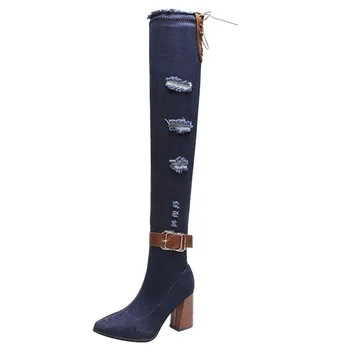 

High stretch pump Denim Over The Knee Boots Shoes Woman Thigh High heel Ripped Distressed Denim Jeans Open Peep Toe Heels#g20