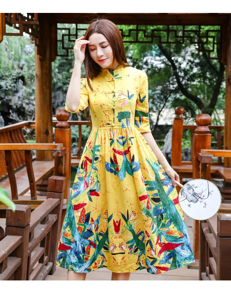 Китайский стиль, улучшенное платье Чонсам для женщин, новинка, Ретро стиль, пряжка, CNY, чонсам, принт, красный, желтый, миди, платья для вечеринок для женщин