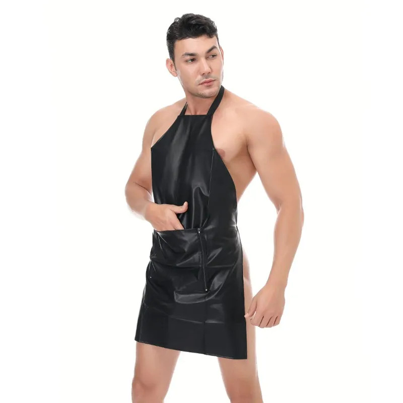Mens Sexy Lingerie Black Leather Sexy Erotic Apron Front Open Crotch Crotchless Male Cosplay Uniforms Nightclub Stage Ds Costume