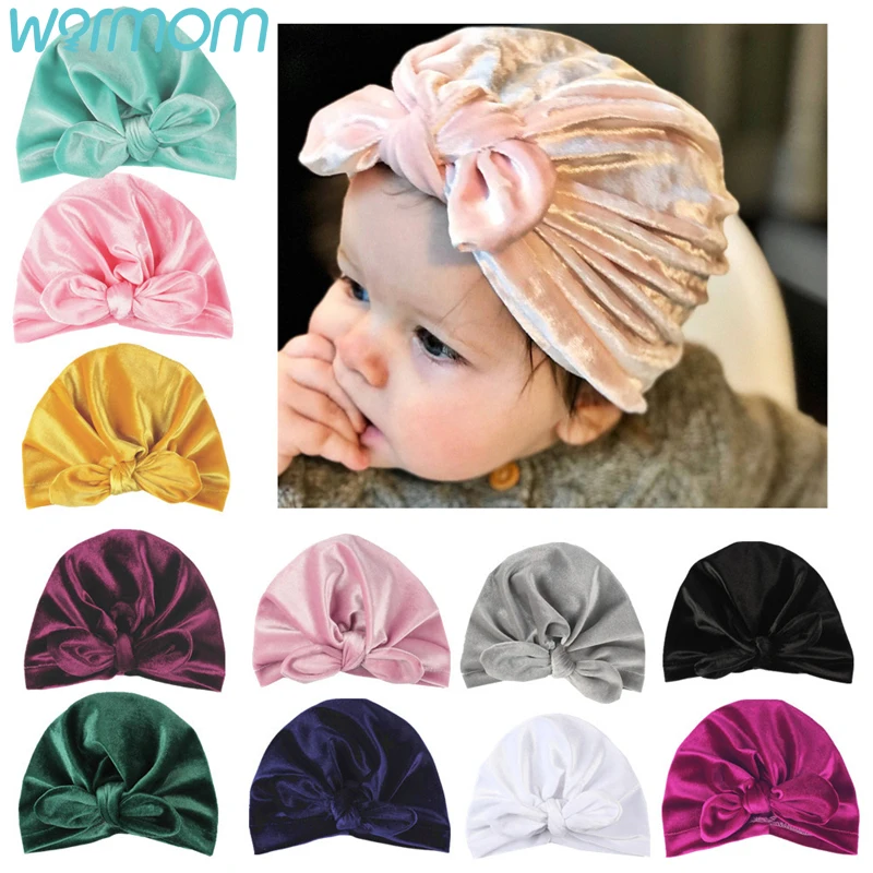 WARMOM Baby Headbands Hat European Style Baby Rabbit Ears Tied Flannelette Indian Hat 11 Colors Kids Winter Velvet Turban