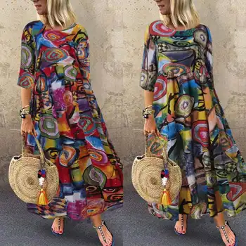 

2020 Autumn Summer ZANZEA Dress Women Vintage Vestidos Robe Pleated Printed Long Maxi Dresses Plus Size Femme 3/4 Sleeve Tunic