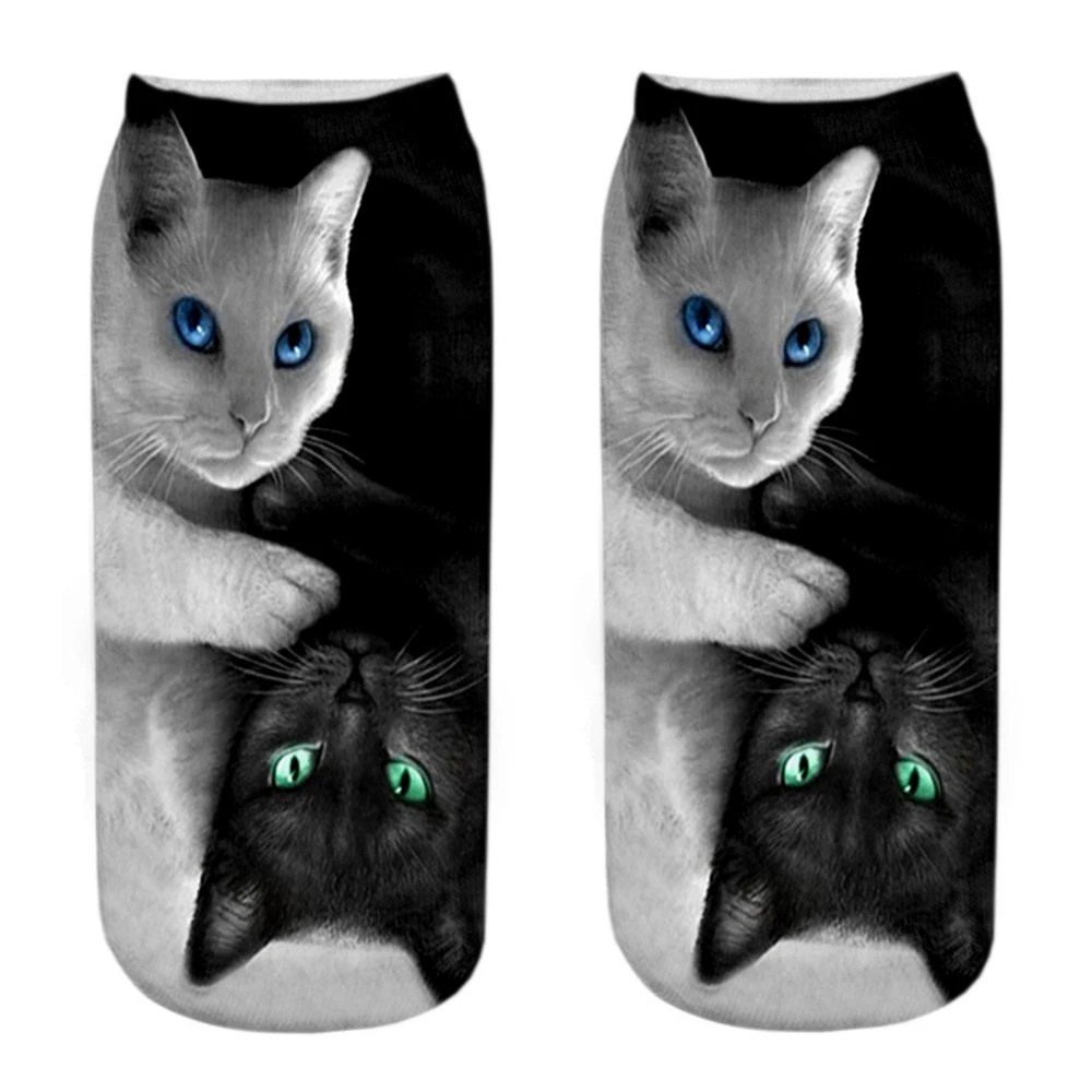 1 paar Neue 3D Druck Coole Mode Lustige Zwei Katzen Socken Frauen Kurze Sox Kunst Neuheit Geschenk Gothic Nacht Halloween männer Dropship – Detail 16