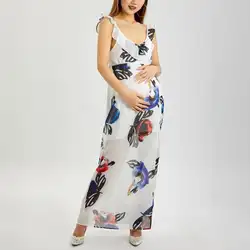 Модный наплыв новый европейский и американский лист лотоса mopping печать длинная юбка из шифона сплит платье для беременных женщин