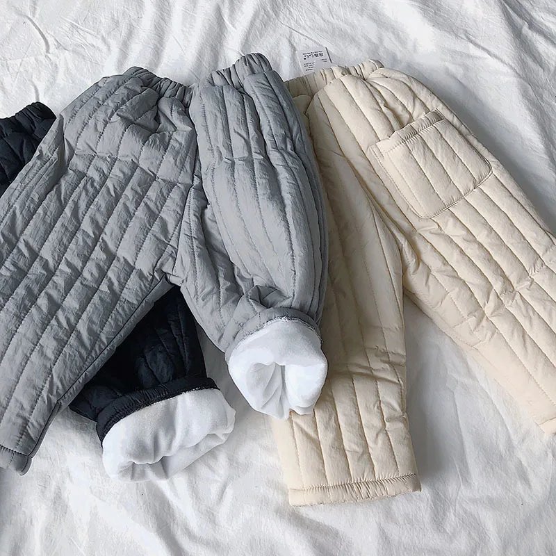Children's wear winter children's quilted plus velvet trousers boys thickening vertical trousers