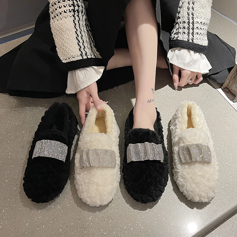 Loafers Women's Autumn and Winter 2022 New Style Plus Velvet Outer Wear Fashionable Versatile Comfortable Warm Flat Shoes Women