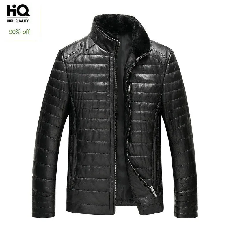 

High Quality Casual Genuine Leather Mens Warm Jackets Fashion Mink Fur Stand Collar Zipper Slim Male Down Coats Plus Size L-6XL