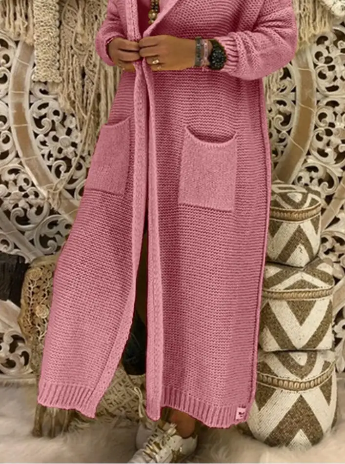 Женский свитер осень зима однотонная Верхняя одежда Стильный теплый длинный рукав трикотаж с капюшоном дамское пальто размера плюс - Цвет: Розовый