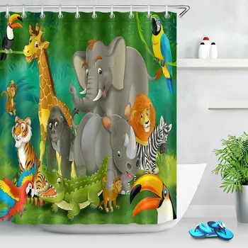 

Bathroom Waterproof Polyester Cartoon Zoo Animals Shower Curtain Hooks Unique