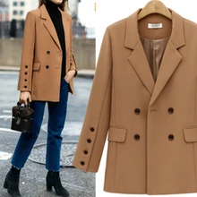 Женский костюм с двубортным блейзером верблюжьего и черного цвета, Осенний блейзер с длинными рукавами и отложным воротником на пуговицах, офисный пиджак WDC3400