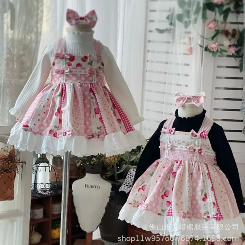 

Baby girl auutmn vintage Spanish Turkey lolita strap ball gown dress kids strawberry cute bow birthday party princess dress