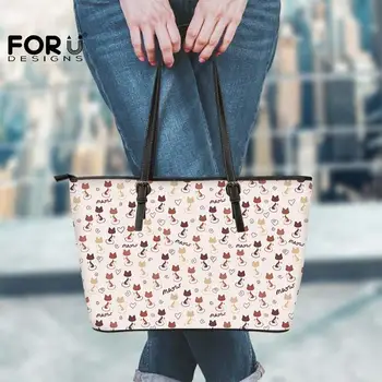 

FORUDESIGNS Tote Bags Leatehr Cute Seamless Cartoon Cats Kitten Prints Handbags Big Women Waterproof Hand-bags Large Shopper Bag