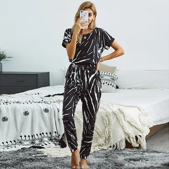 

Women Summer Tie Dye Pajamas Sets Loose Nightwear Short Sleeve Sleepwear Female Home Clothing Soft Night Suit Fashion Home Wear