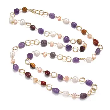 

Coeufuedy Real Freshwater Pearls Long Necklace Women Natural Amethyst/Agate Sweater Chain 99cm White Pink Pearl Fine Jewelry