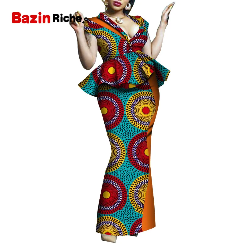 Африканский Дашики Женская традиционная одежда Базен принт плюс размер костюмы африканские платья для женщин костюм 2 шт. юбка комплект WY5108