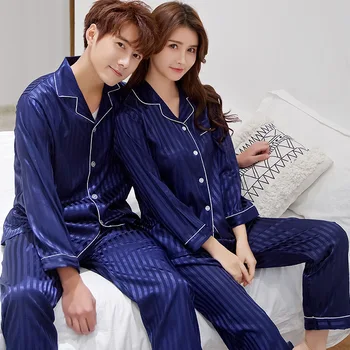 

Couple Pajamas 2020 Spring and Autumn Ice Silk Pajamas Long-sleeved Silk Men and Women Comfortable Large Size Pajamas Set