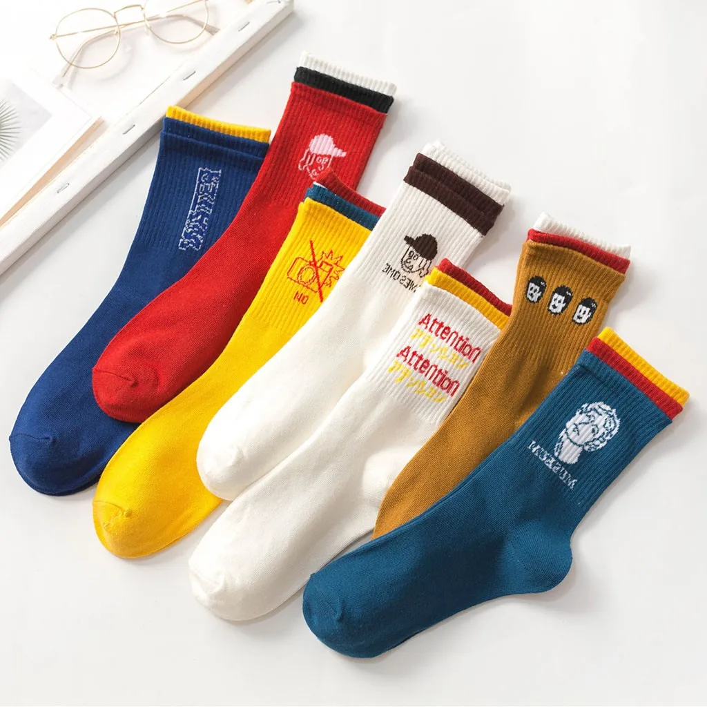 Женские хлопковые забавные носки до середины голени с мультяшным принтом и цветными вышитыми подарочными буквами skarpetki damskie harajuku кальцитовые носки