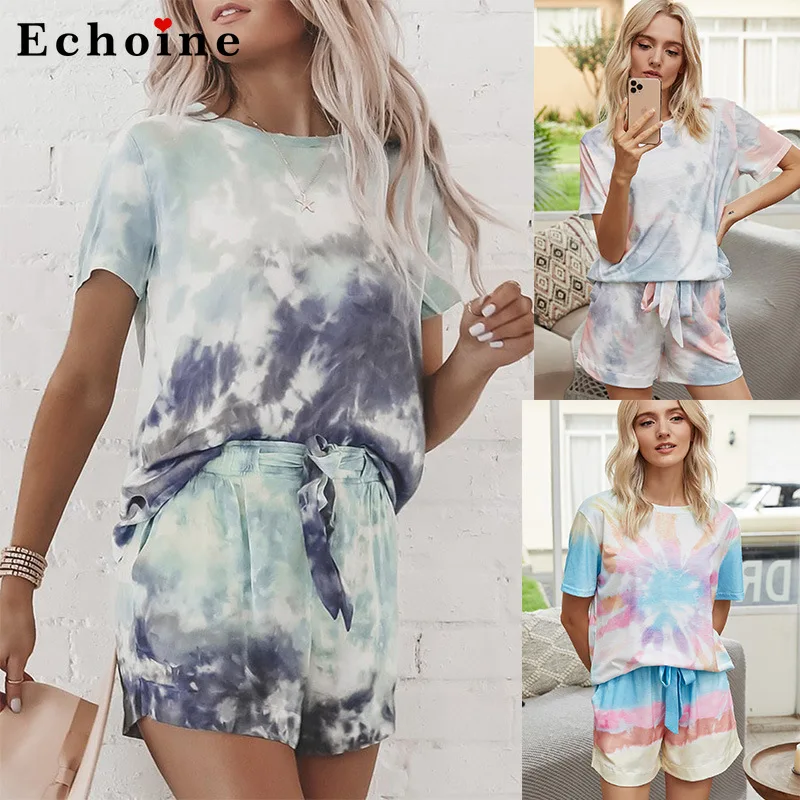 

Tie-Dye Printed Two Piece Set Pajamas Short Sleeve Gradient Drawstring Homewear Set Lace Up Loose Casual Sports Jogger Tracksuit