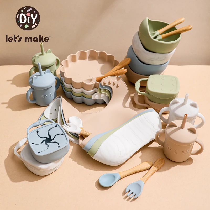 Let's Make 7pcs/set Silicone Baby Feeding Tableware Set Silicone Toddler Cup Bowl Food Plate Feeding Training Children Dishes