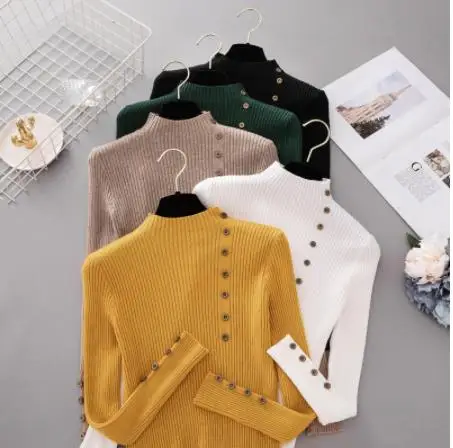 

Autumn Fashion Button Turtleneck Sweater Shirt Women's Solid Color Knit Pullover Ldies Slim Soft Sweater Sweater Women Knit Top