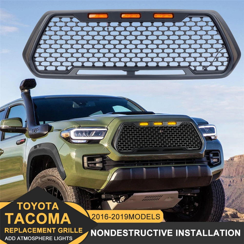 Front Bumper Grille Racing Grills Black Compatible Fit for Toyota Tacoma 2016 2017 2018 2019 with 3 Amber LED Lights