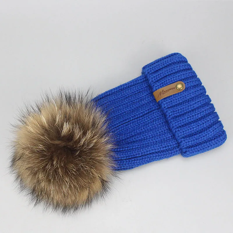 Parent-child Real Fur Pompon Skullies Beanie Hat Winter Knitted Warm Thick Beanies For Women And Child Solid Crochet Slouch Caps - Цвет: M