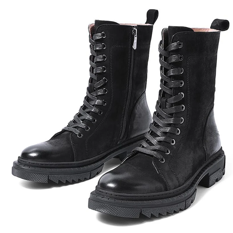 Must Have! Mid-calf Boots Men Full Grain Leather Lace UP Zip Boots Soliders Desert Boots Trendy Winter Shoes Man