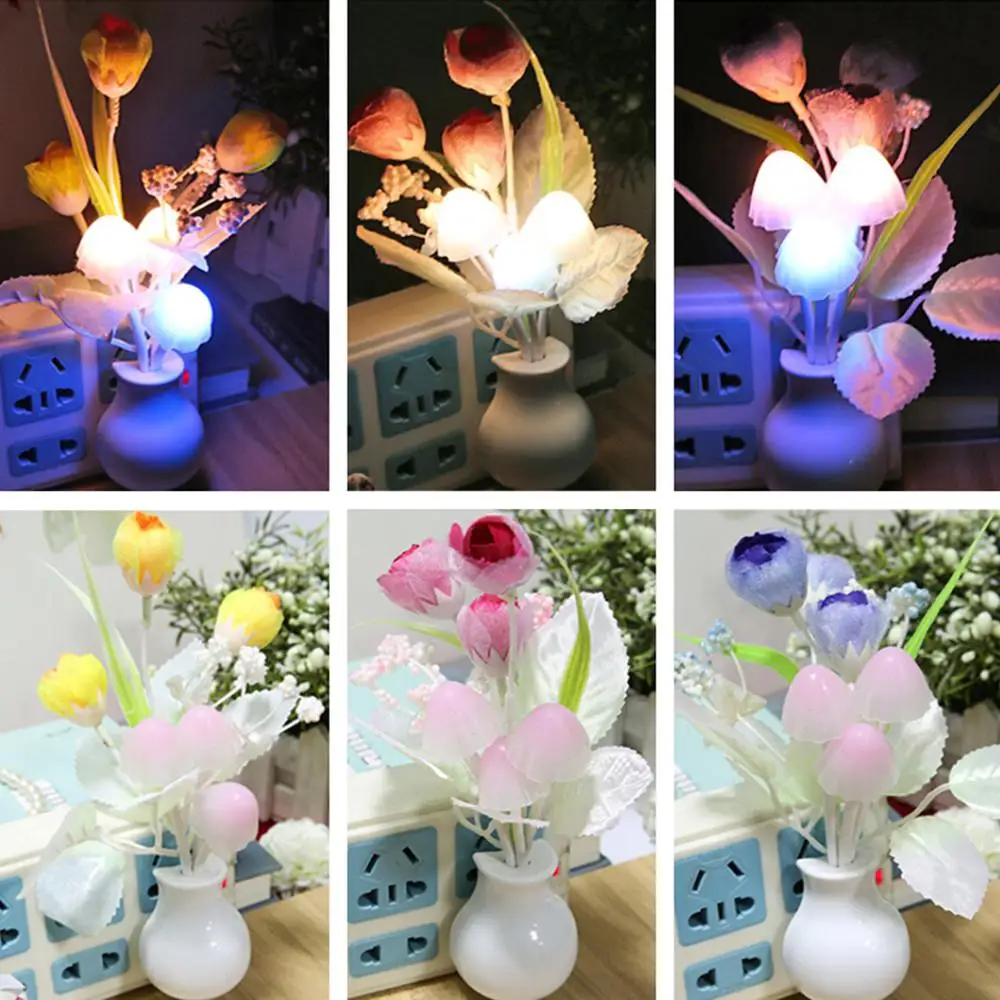 Светодиодный 7 цветов Изменение формы тюльпана оптически контроль светодиодный ребенок дети новинка ночник, гриб настенный светильник ночник-прожектор