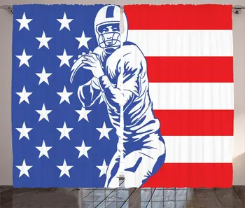 

Sports Curtains Football Championship Themed Player Throwing Ball USA Background Living Room Bedroom Window Drapes Petrol Blue
