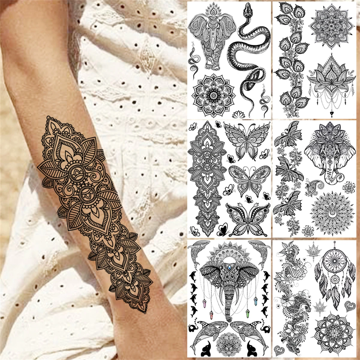 Waterproof Henna Flower Temporary Tattoos For Women Girl Butterfly Tribal  Tattoo Sticker Fake Ttibal Elephant Black Snake Tatoos - Temporary Tattoos  - AliExpress