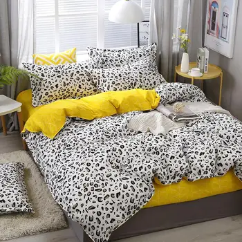 

J Yellow white Leopard Print Home Bedding Sets Duvet Cover Bed Set Pillowcase Flat Sheet King Queen Double Twin J /4pcs bed sets