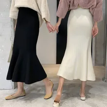 ROPALIA, модные юбки с высокой талией, вязаные, одноцветные, облегающие бедра, юбки-трубы, осенняя Женская облегающая юбка