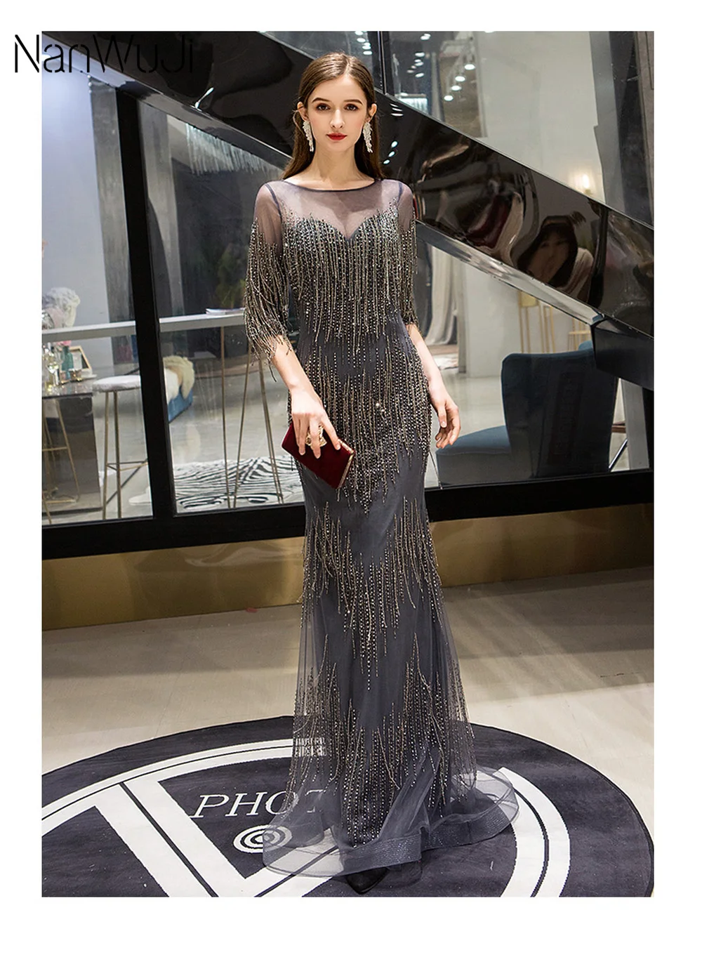 

Beaded Evening Dresses Grey Mermaid Crystal Sweep Train Cap Sleeves Gray Sheer Neck Prom Formal Party Gown