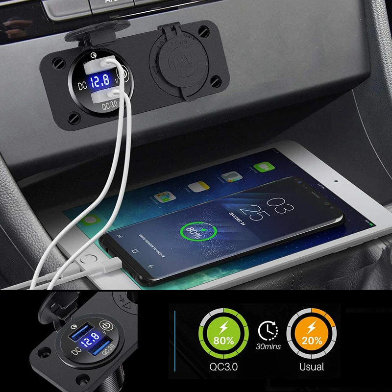 Quick Charge 3.0 Cigarette Lighter Outlet Waterproof 12V/24V Dual USB Car Socket with LED Voltmeter Touch Switch for Car RV Boat 2