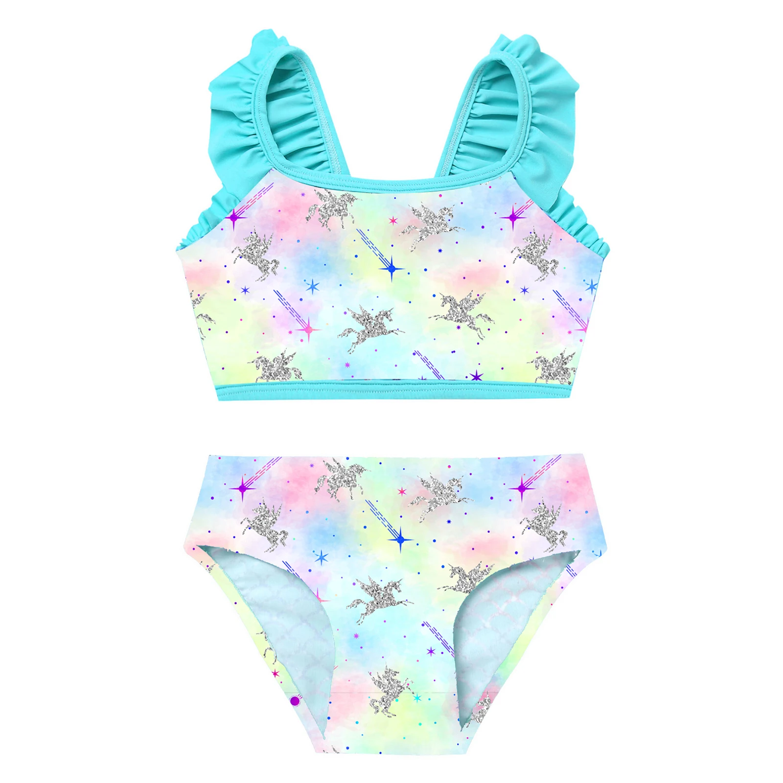 TiaoBug Summer Little Girls Kids 2Pcs Cartoon Fish Scales Print Tankini Swimsuit Top With Briefs Set Swimwear Beach Bikini