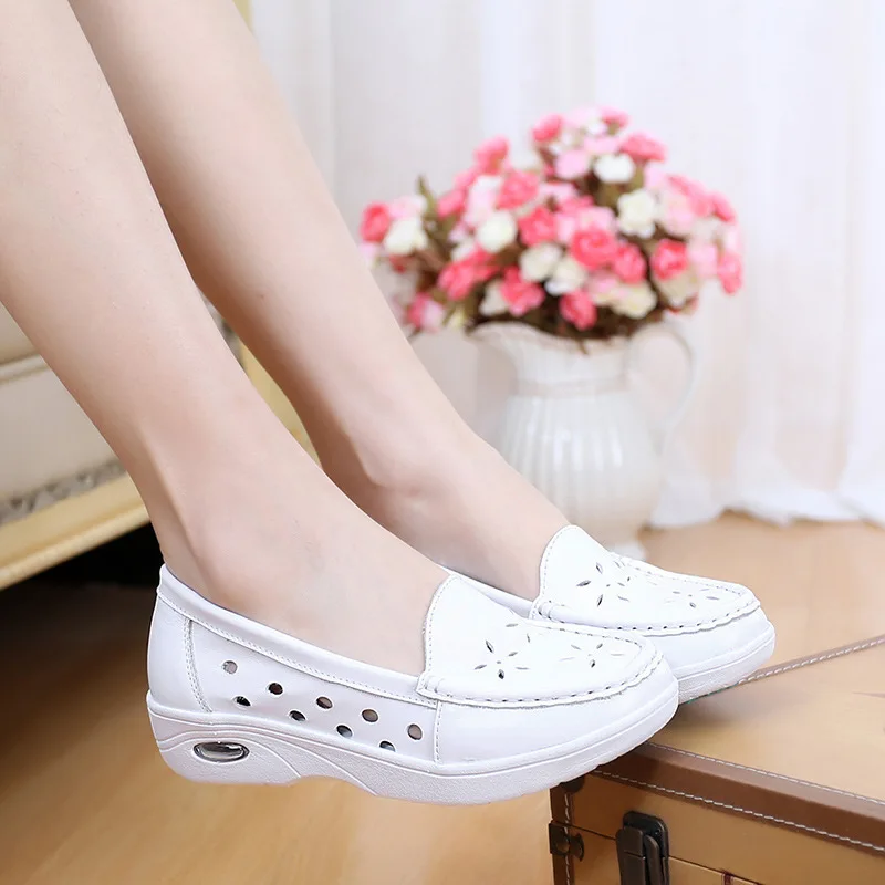 

2017 Spring And Summer Nurses WOMEN'S Shoes Genuine Leather Hollow out Porous Comfortable Slanted Heel Air Cushion Shoes Women's