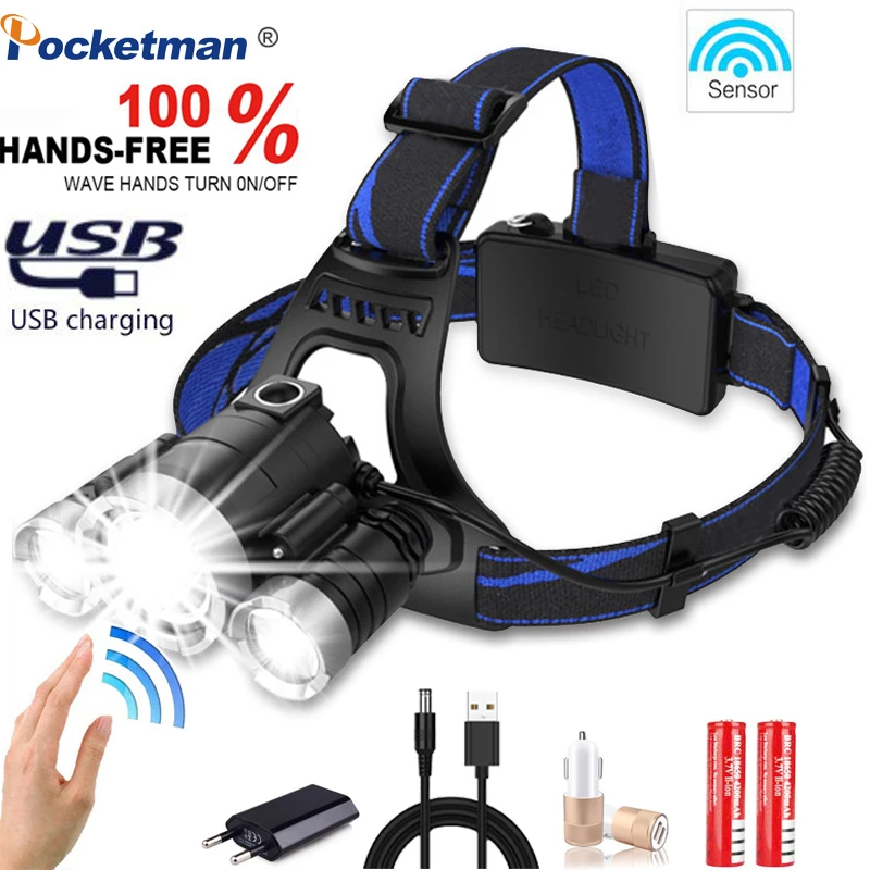 

70000Lm Headlamp Powerfull LED Headlight Body Motion Sensor head Flashlight Camping Torch Light Lamp With USB linterna frontal