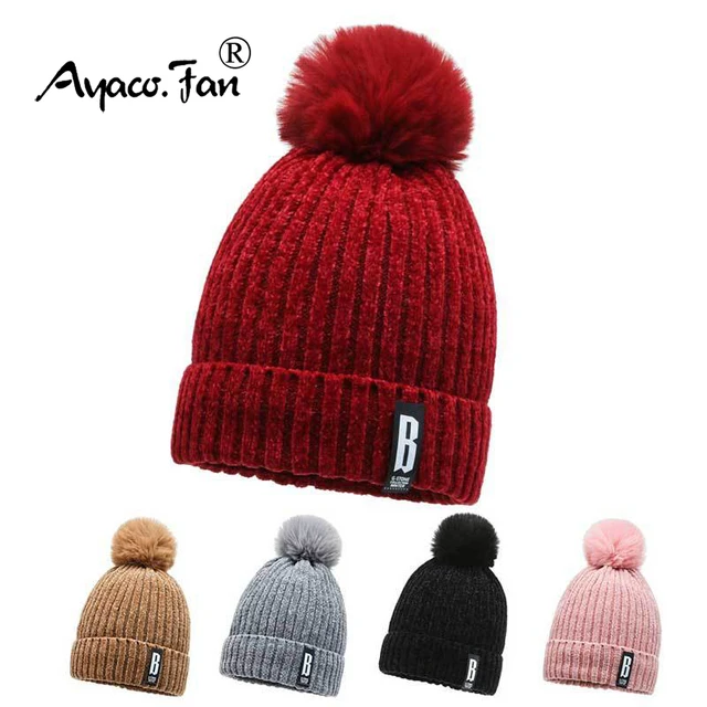 Winter Hats for Woman Thicker Beanies Chenille Ball Knitted Cap Girls Autumn Beanie Hats Fleece-lined Warmer Bonnet Casual Cap 1