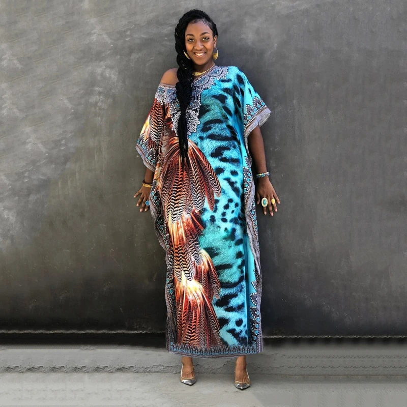 

Wild Life Animal Print Women Loose Dress Plus Size Exaggerate Stylish Dashiki Elaborate Digital Feather Design Kaftan Overdress