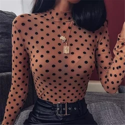 Blusa feminina de bolinhas, blusa feminina de malha com estampa de bolinhas e de manga comprida, roupa casual e camisa