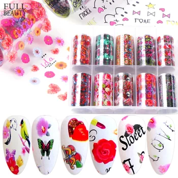 

10pcs Flower Holographic Nail Foils Love Word Heart Letter Nail Art Transfer Sticker Valentine Manicure Decorations CHXKH83-1