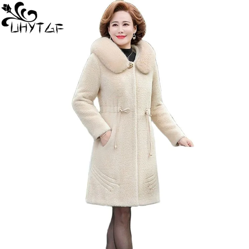 

UHYTGF Middle-Aged Mom Autumn Winter Jacket Quality Mink Fleece Hooded Casual Warm Woolen Coat Women 5XL Loose Size Overcoat2331