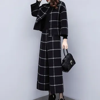 

Autumn Winter Women Fashion Plaid Pattern Sets Long-sleeved Round Neck Casual Coat+Pants 2 Pieces Sets