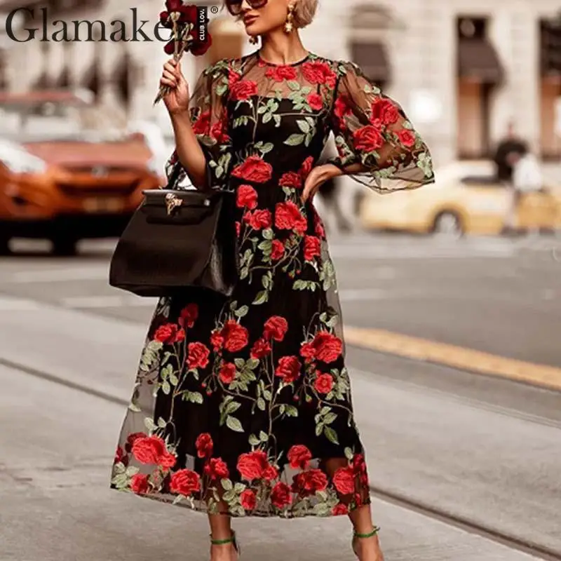 Glamaker вышивка цветочный костюм из двух частей черное Сетчатое длинное платье женское зимнее сексуальное вечернее платье Осень женское Клубное платье плюс размер